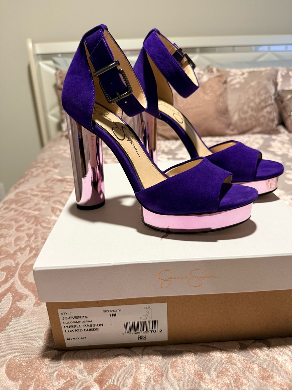 Jessica Simpson Purple Suede Platform Sandals with Pink Metallic Heel